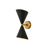 Milan double cone wall sconce with black tapered shades and brass wall mount front view