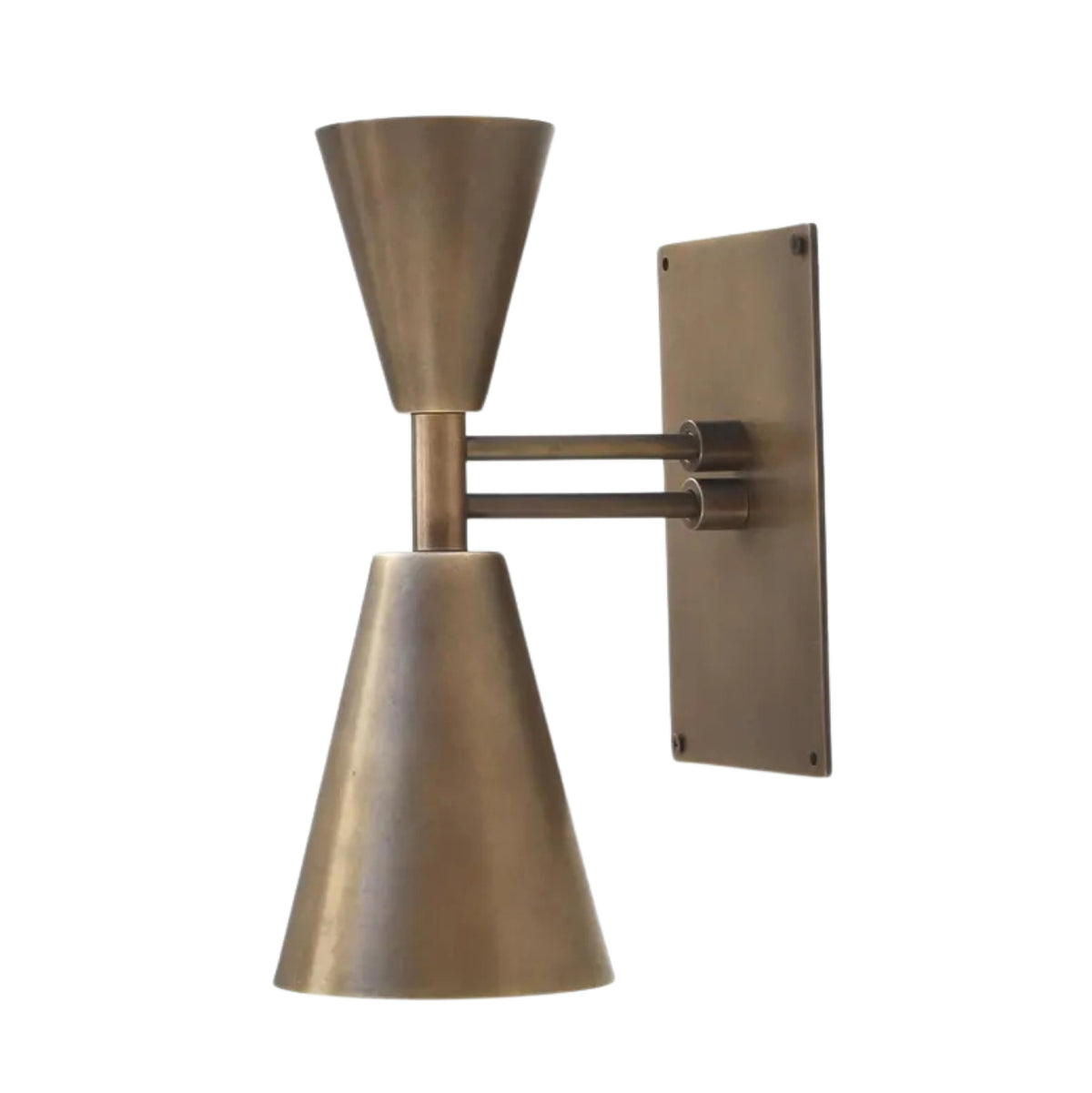 Milan double cone 1 light wall sconce with aged brass finish and geometric metal shades, front view
