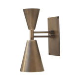 Milan double cone 1 light wall sconce with aged brass finish and geometric metal shades, front view