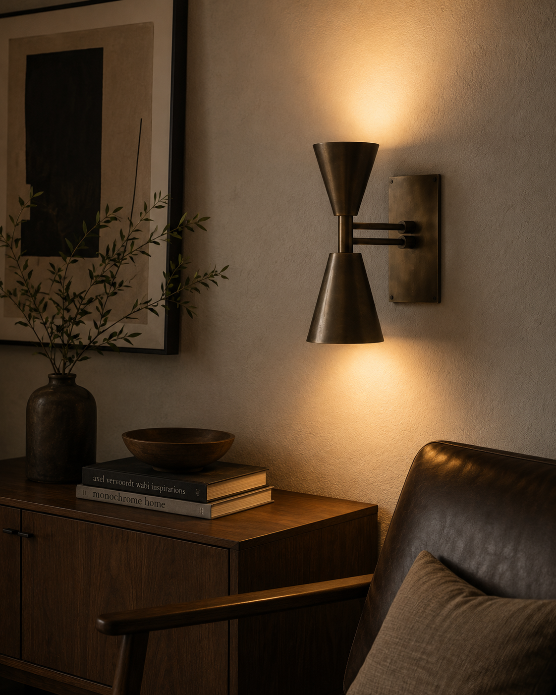 Milan double cone 1 light wall sconce in aged brass installed in a warm modern living room interior