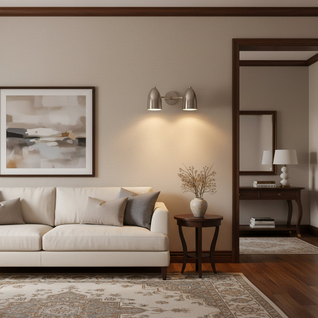 Milan 2-light wall sconce with elongated dome shades in polished silver finish, angled view, Model 32812