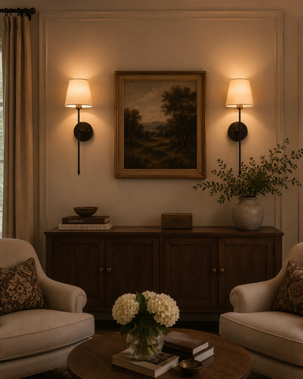 Milan ivory shade black wall sconces installed beside framed artwork in a warm classic living room.