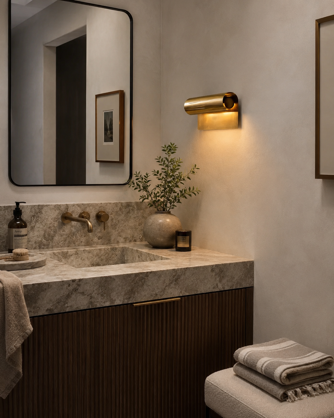 Milan Modern Picture Light installed above a bathroom vanity, providing warm focused illumination with a modern solid brass finish in a contemporary interior.