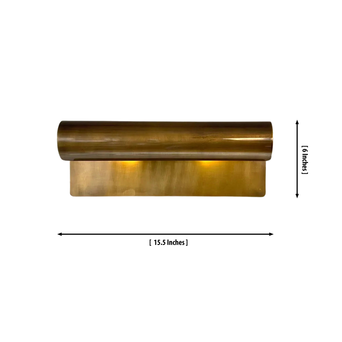Dimensions of the Milan Modern Picture Light measuring 15.5 inches wide by 6 inches high with a streamlined cylindrical brass shade.