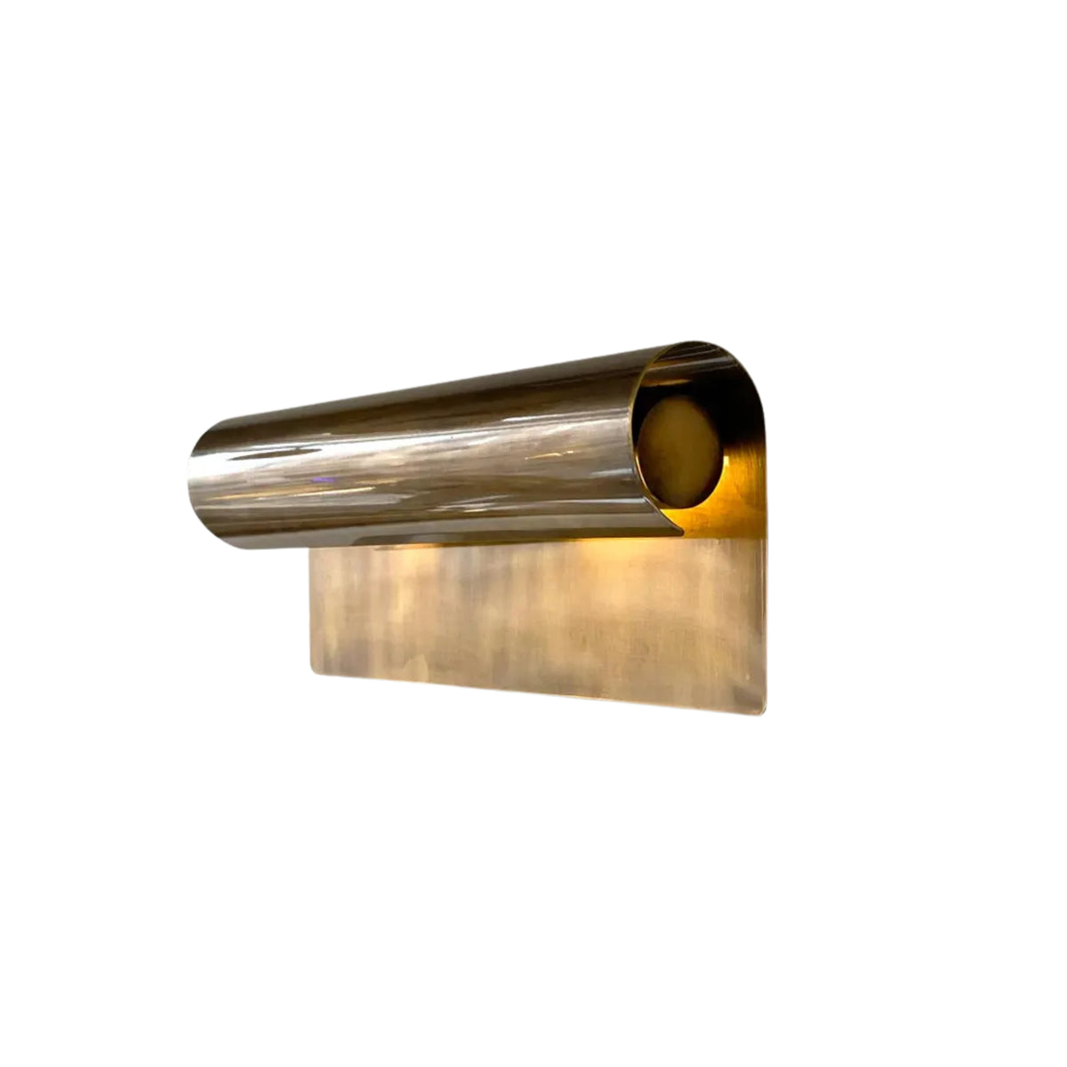 Front view of the Milan Modern Picture Light handcrafted from solid brass with a sleek cylindrical shade and minimalist wall-mounted design.
