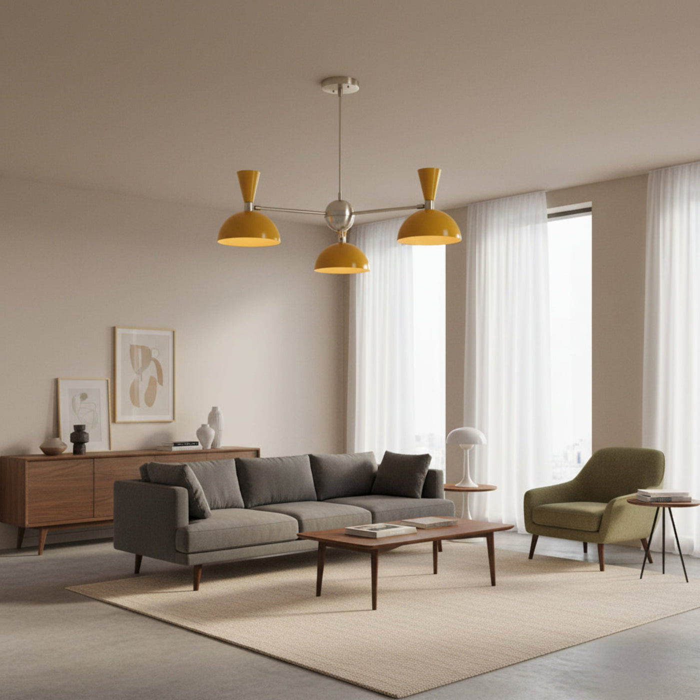 Alternate view of Milan 3 light mustard yellow dome chandelier with brass-toned metal frame – Model 62027