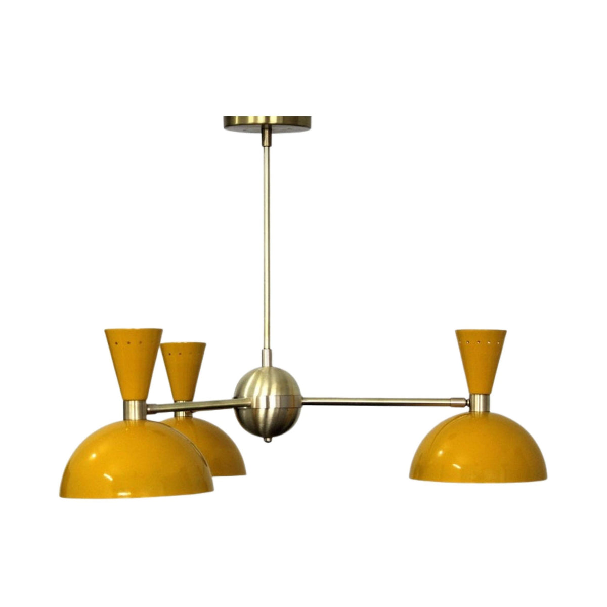 Milan 3 light mustard yellow dome chandelier with brass frame shown from an angled view – Model 62027