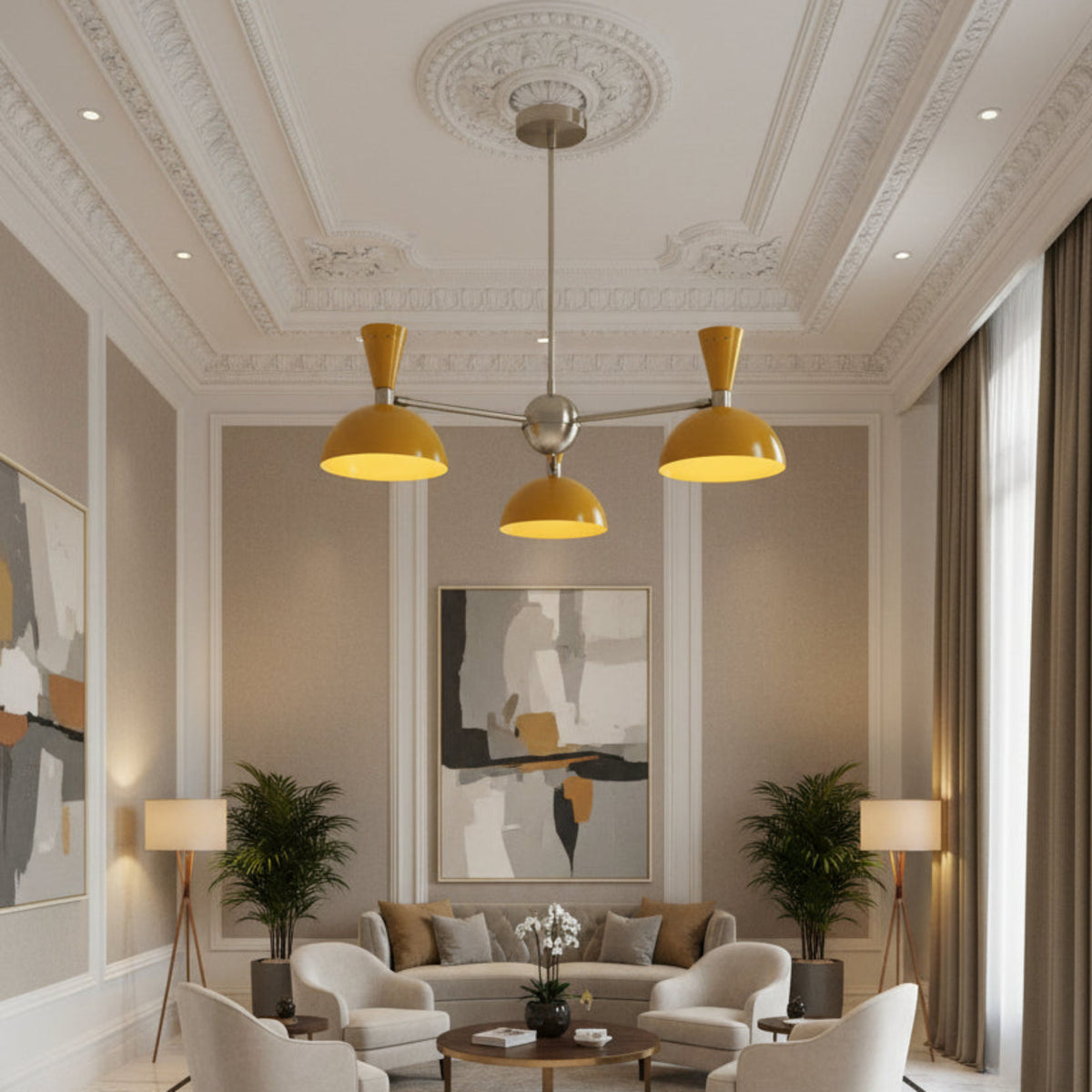 Side angle view of Milan 3 light mustard dome chandelier with sculptural brass arms – Model 62027