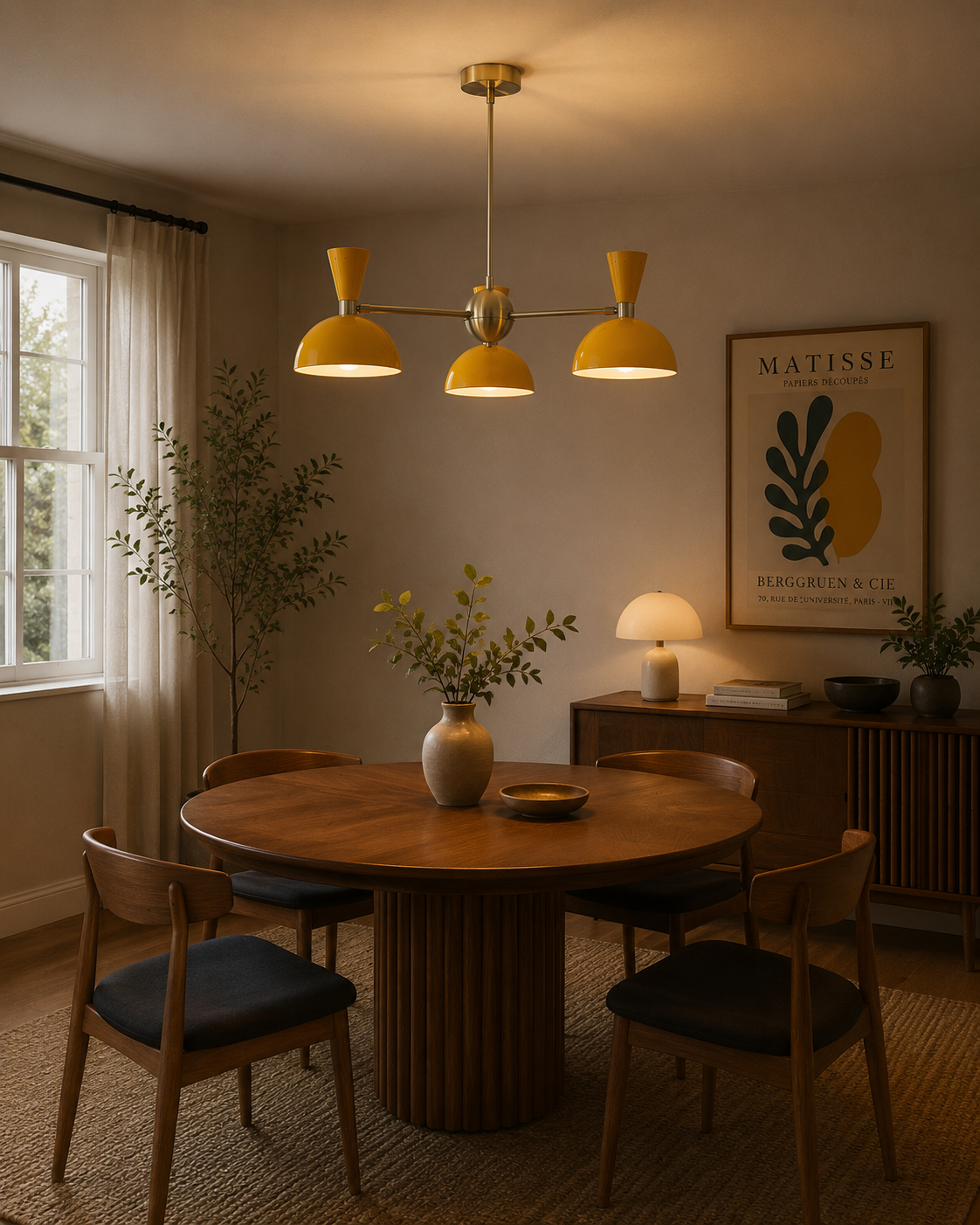 Milan 3 light mustard yellow dome chandelier displayed above a round wooden dining table in a warm Mid-Century Modern dining room – Model 62027