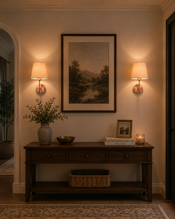 Two Milan copper antique brass wall sconces with natural linen fabric shades installed on either side of framed artwork above a wooden console table, creating a warm and elegant entryway with soft ambient lighting.