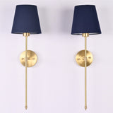 Pair of Milan navy shade rod wall sconces with slim vertical frames and round wall backplates.