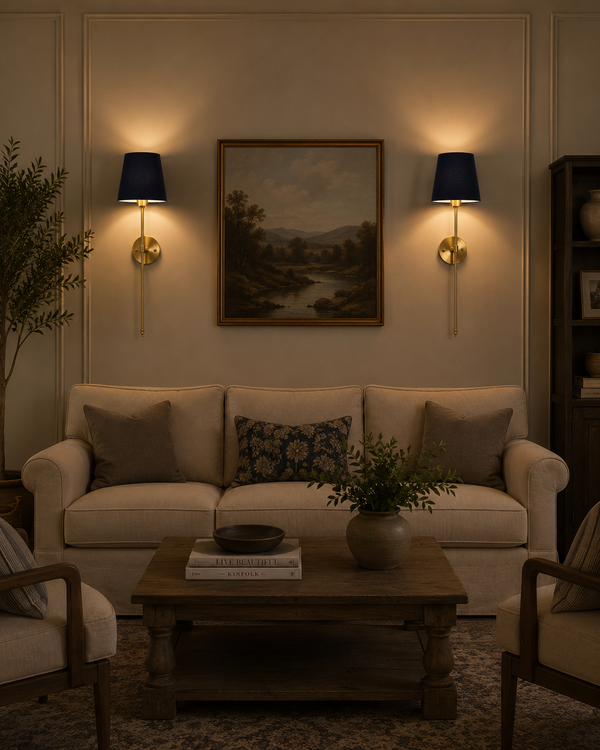 Milan navy shade wall sconces installed beside framed artwork above sofa in a warm classic living room.