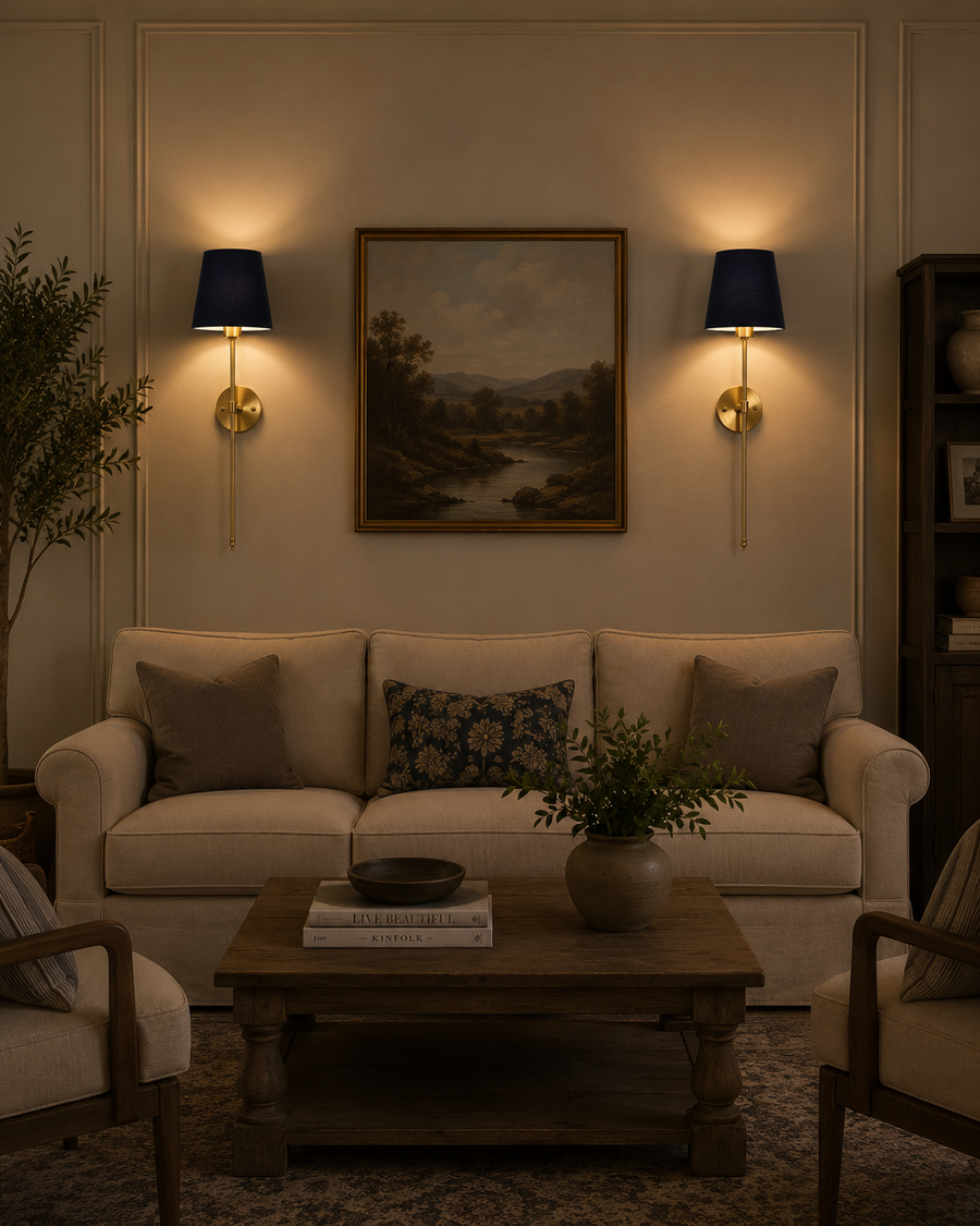 Milan navy shade wall sconces installed beside framed artwork above sofa in a warm classic living room.