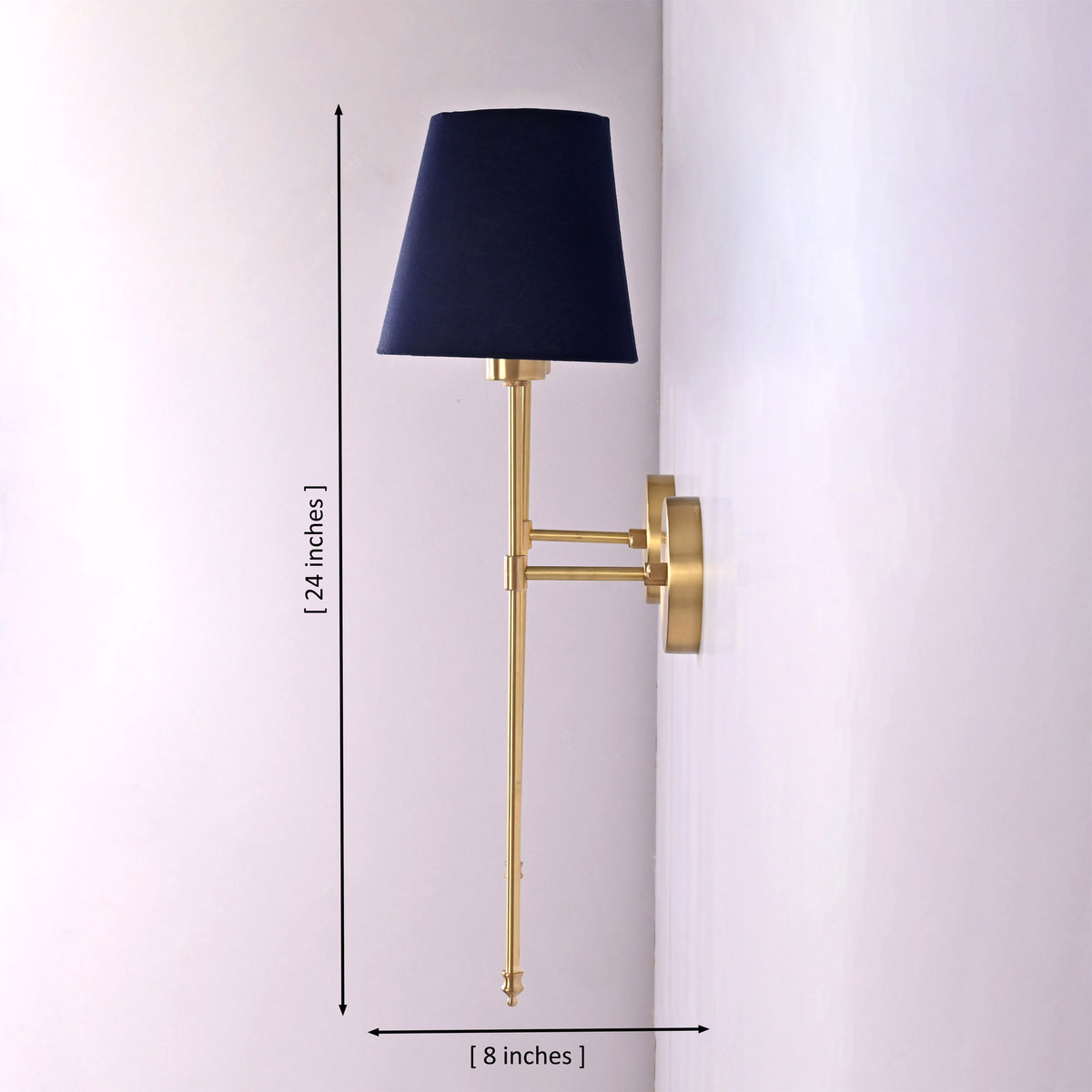 Side view of Milan navy shade wall sconce showing 24 inch height and 8 inch projection.