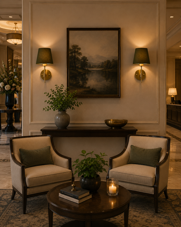 Milan brushed brass wall sconces with olive green fabric shades installed in a luxury hotel-style living room beside framed artwork and a console table.