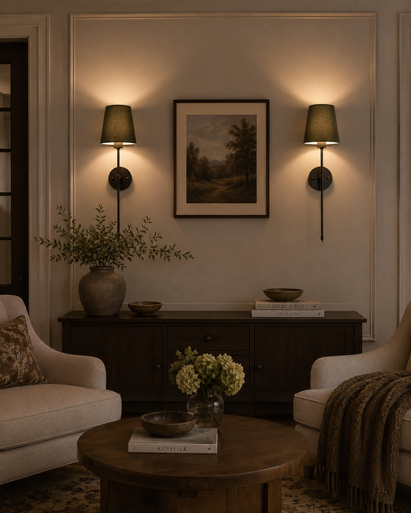 Milan olive shade black wall sconces installed beside framed artwork in a moody classic living room.