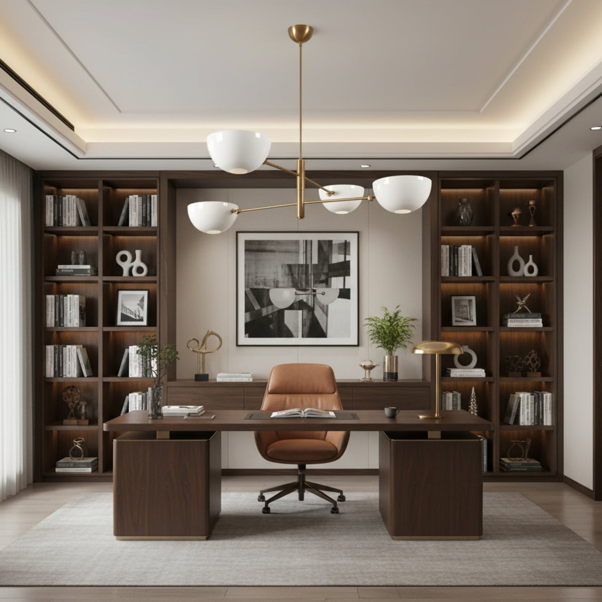 Alternate view of Milan opal bowl chandelier featuring four white shades and sculptural warm brass arms.