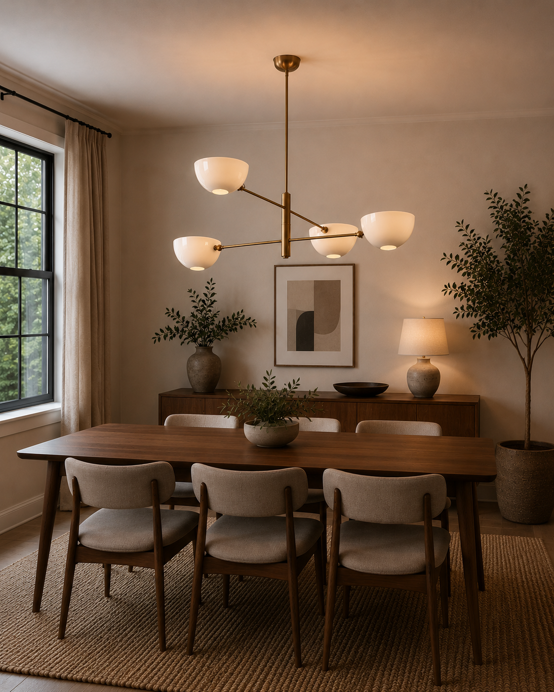 Milan 4-light opal bowl chandelier with warm brass frame displayed above a wooden dining table in a modern dining room.