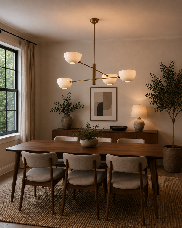 Milan 4-light opal bowl chandelier with warm brass frame displayed above a wooden dining table in a modern dining room.
