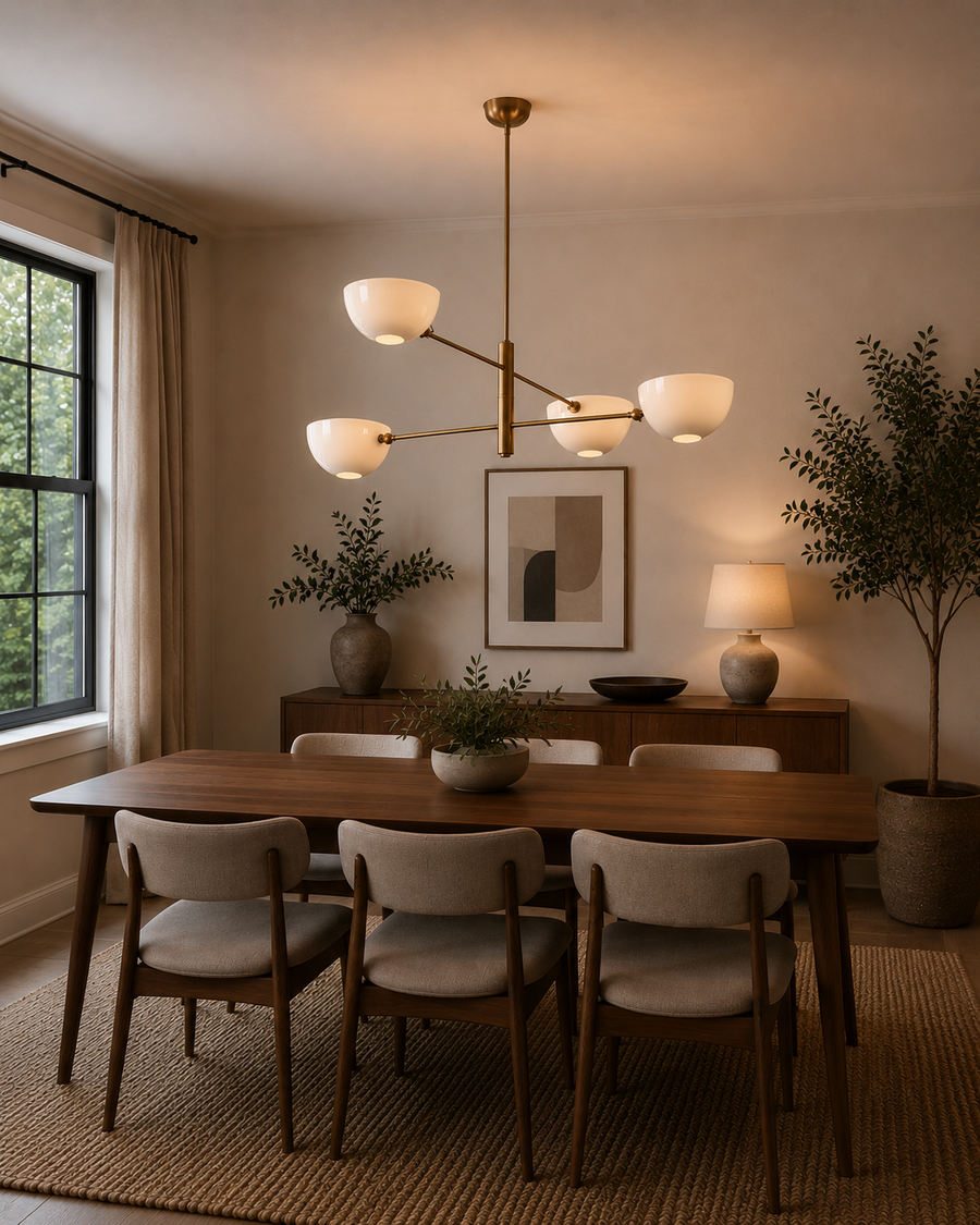 Milan 4-light opal bowl chandelier with warm brass frame displayed above a wooden dining table in a modern dining room.