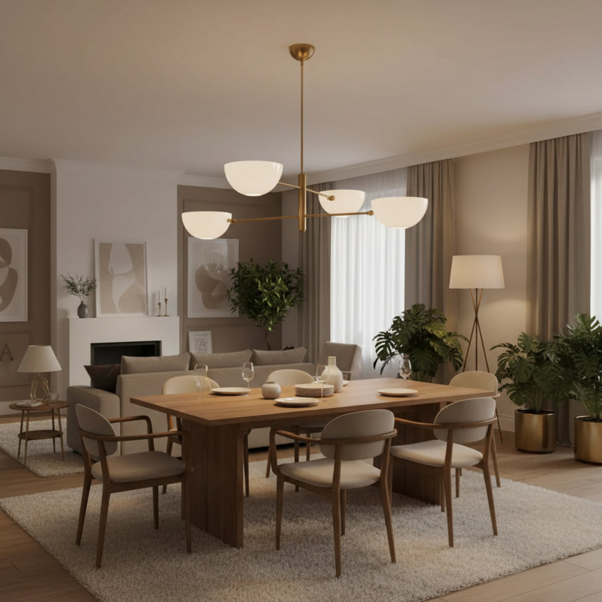 Straight product view of Milan 4-light chandelier with white opal bowl shades, brass frame, and ceiling downrod.
