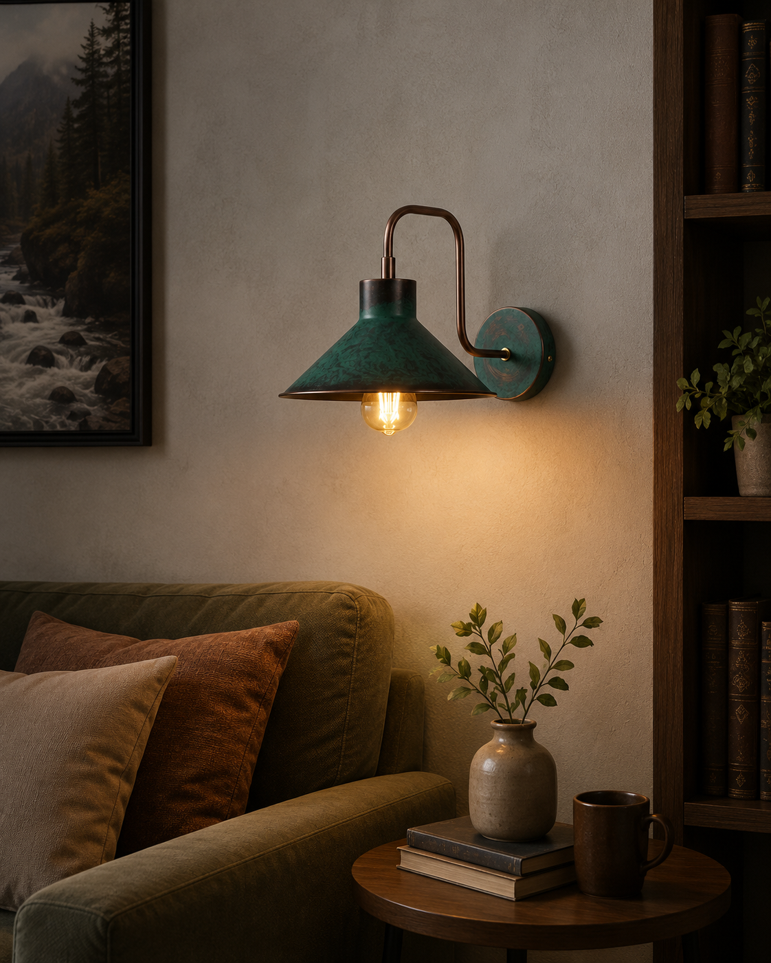 Milan green patina cone wall sconce installed in a cozy living room reading area – Model 32780