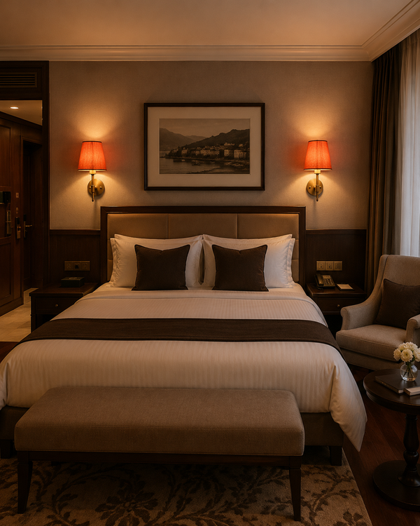 Milan Peach Shade Antique Brass Short Wall Sconces installed on both sides of a bed in a luxury hotel-style bedroom interior.