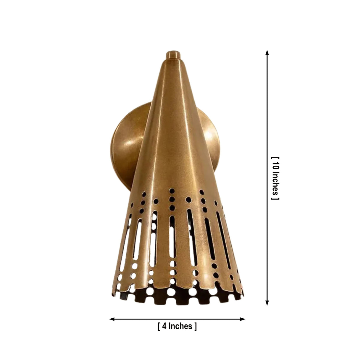 Milan perforated cone wall sconce dimensions showing 10 inch height, 4 inch shade width and aged brass finish.