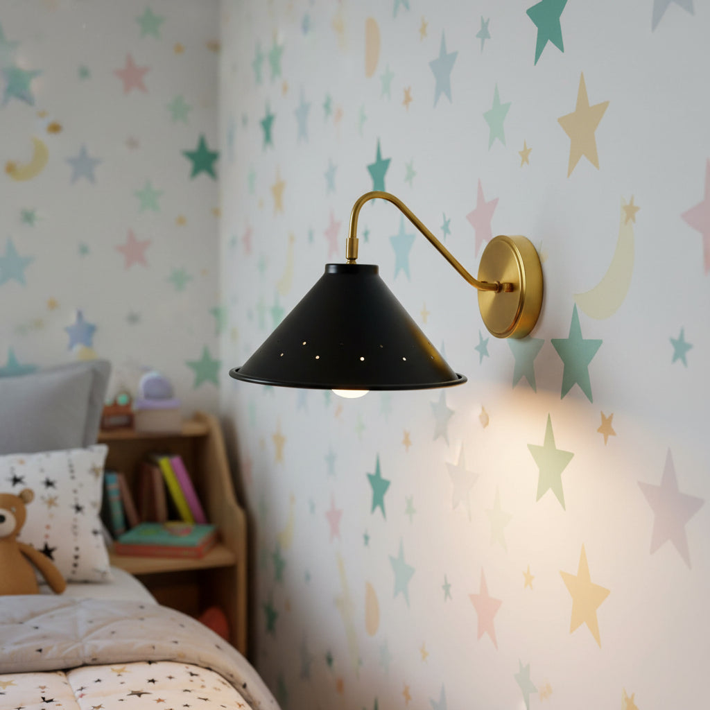 Front view of Milan 1 light wall sconce with perforated black cone shade and warm brass hardware.