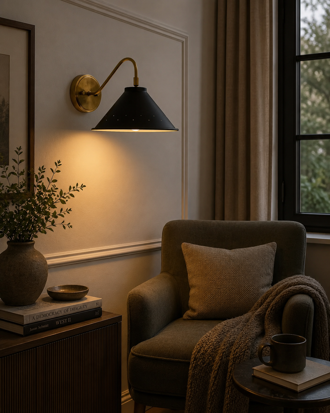 Milan black and brass perforated cone wall sconce illuminating a warm modern living room reading corner.