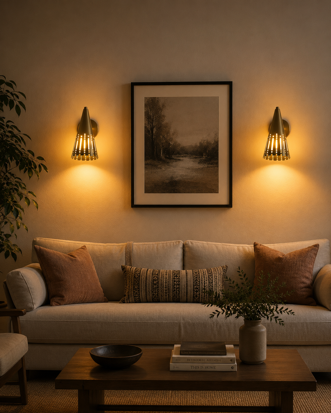 Pair of Milan perforated cone wall sconces illuminating a warm modern living room with decorative ambient light.