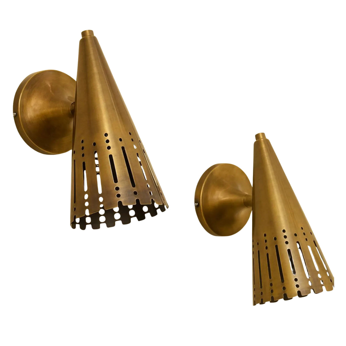 Set of two Milan perforated cone wall sconces with aged brass finish and decorative cutout metal shades.