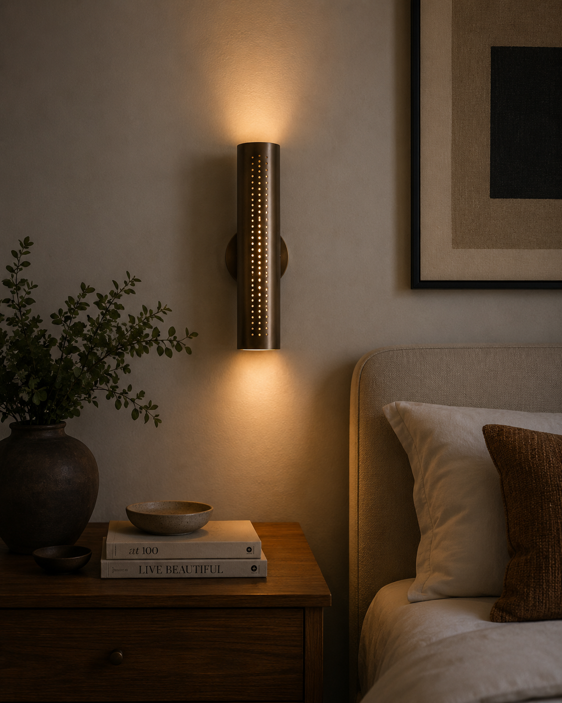 Milan perforated brass cylinder wall sconce illuminated beside a bed with warm ambient up and down lighting.