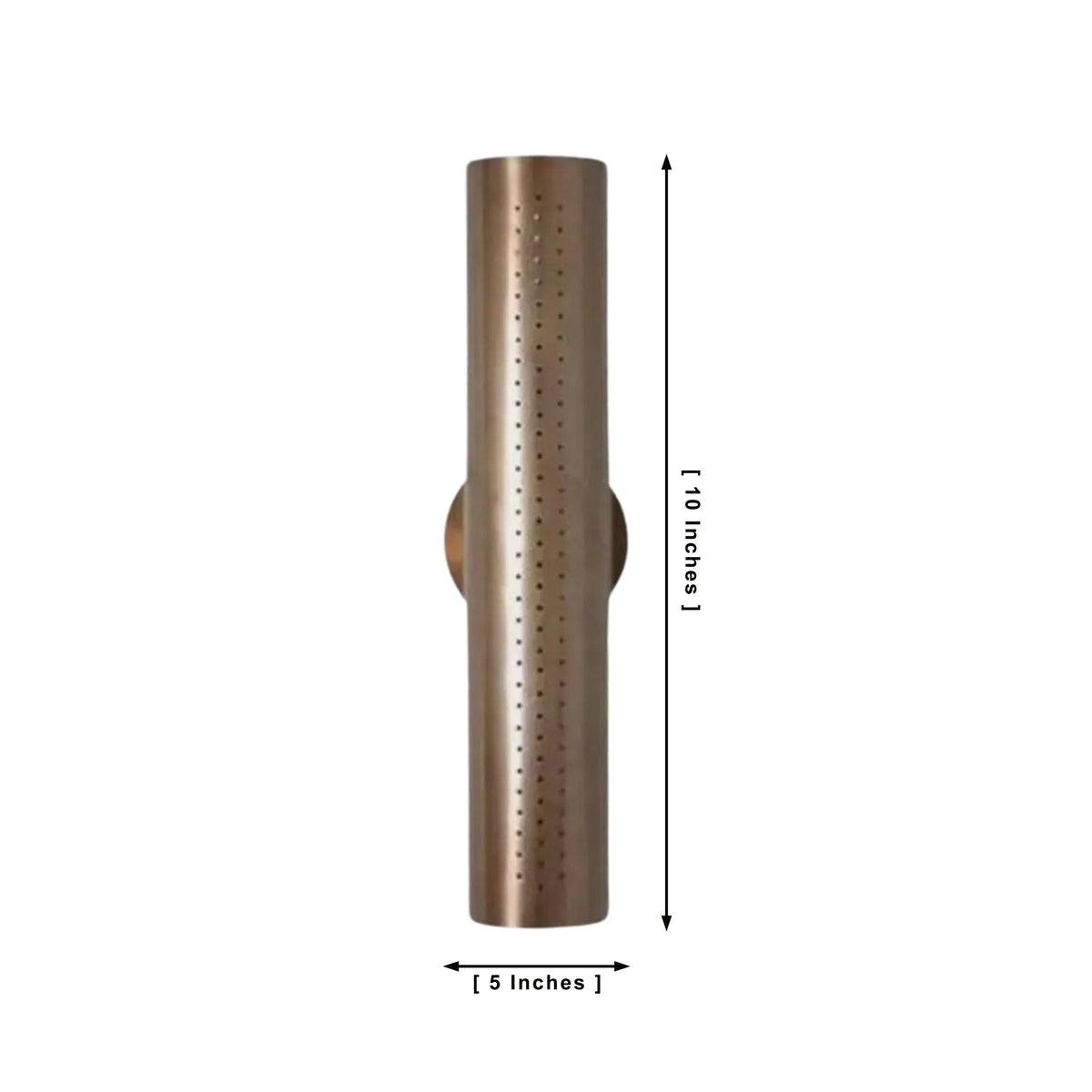 Milan perforated cylinder wall sconce dimensions showing 10 inch height and 5 inch width.