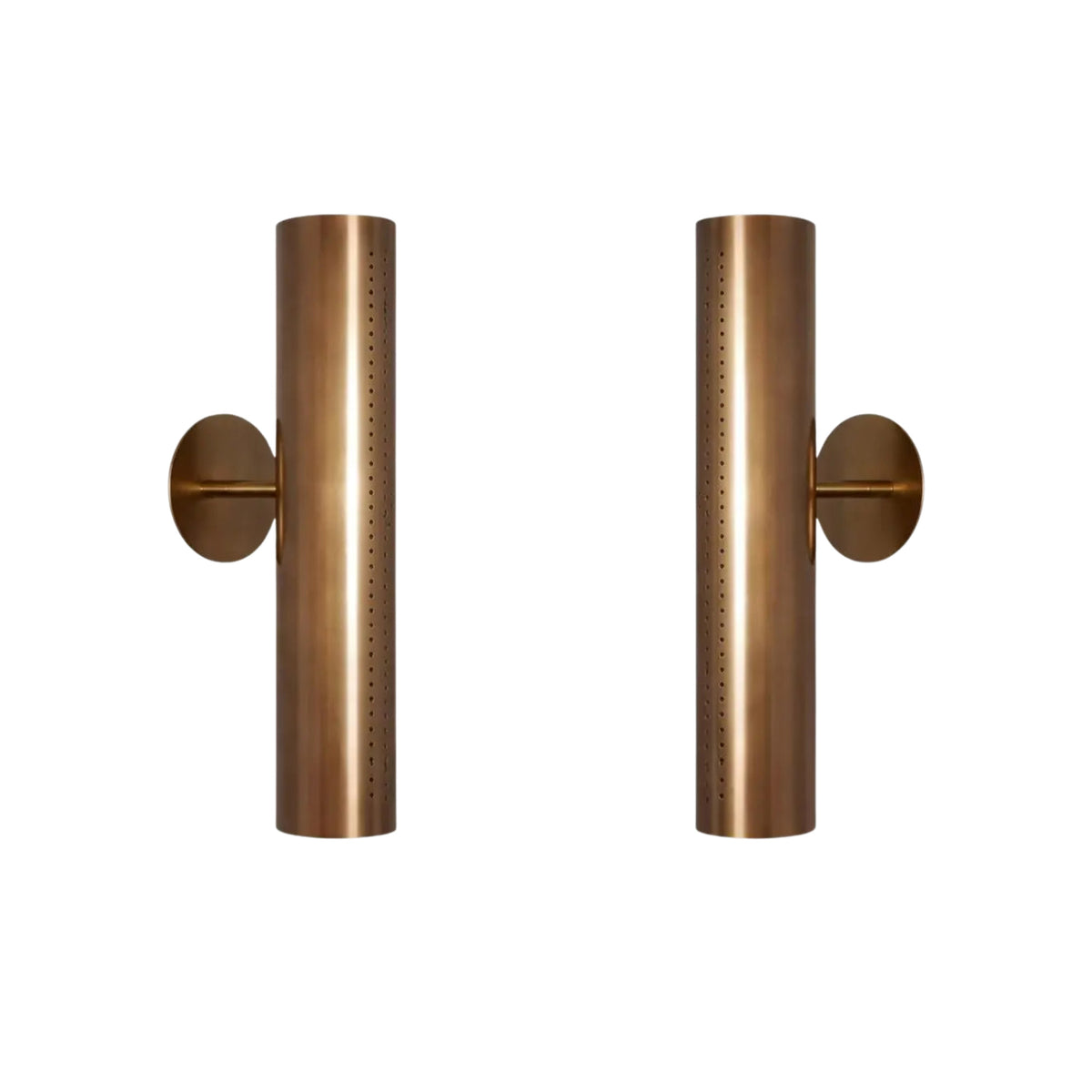 Set of two Milan perforated cylinder wall sconces in warm brass finish with modern vertical design.
