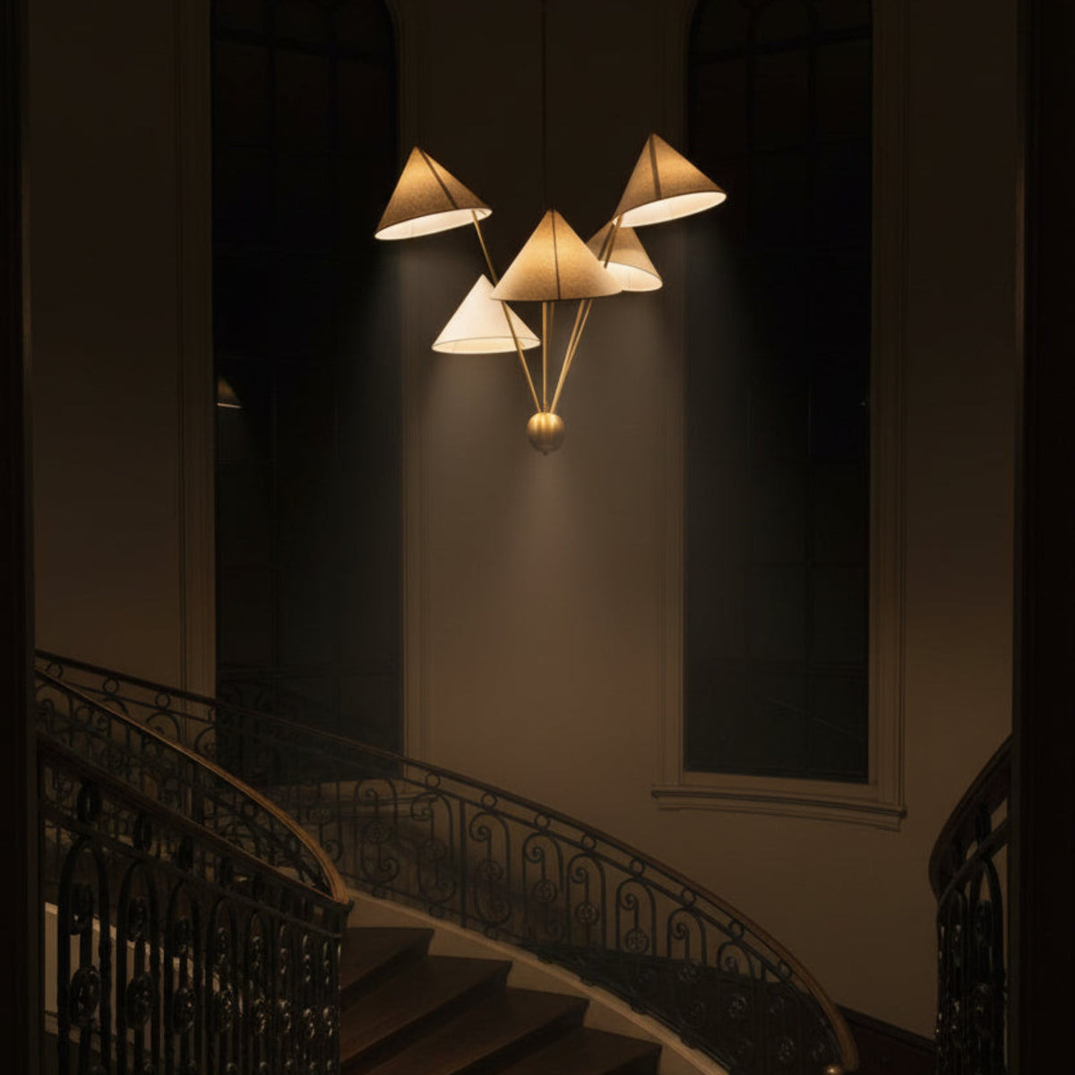 Milan 5 light chandelier featuring staggered ivory fabric cone shades and slender brass arms – Model 62026
