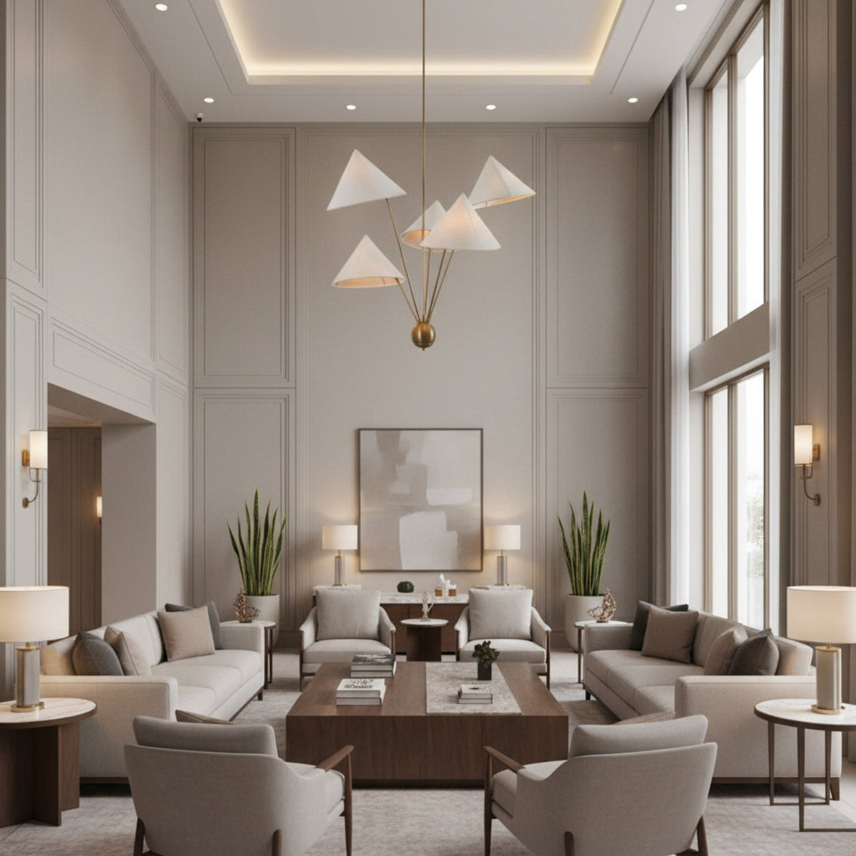 Angled view of Milan 5 light chandelier with sculptural ivory cone shades and brass arms – Model 62026