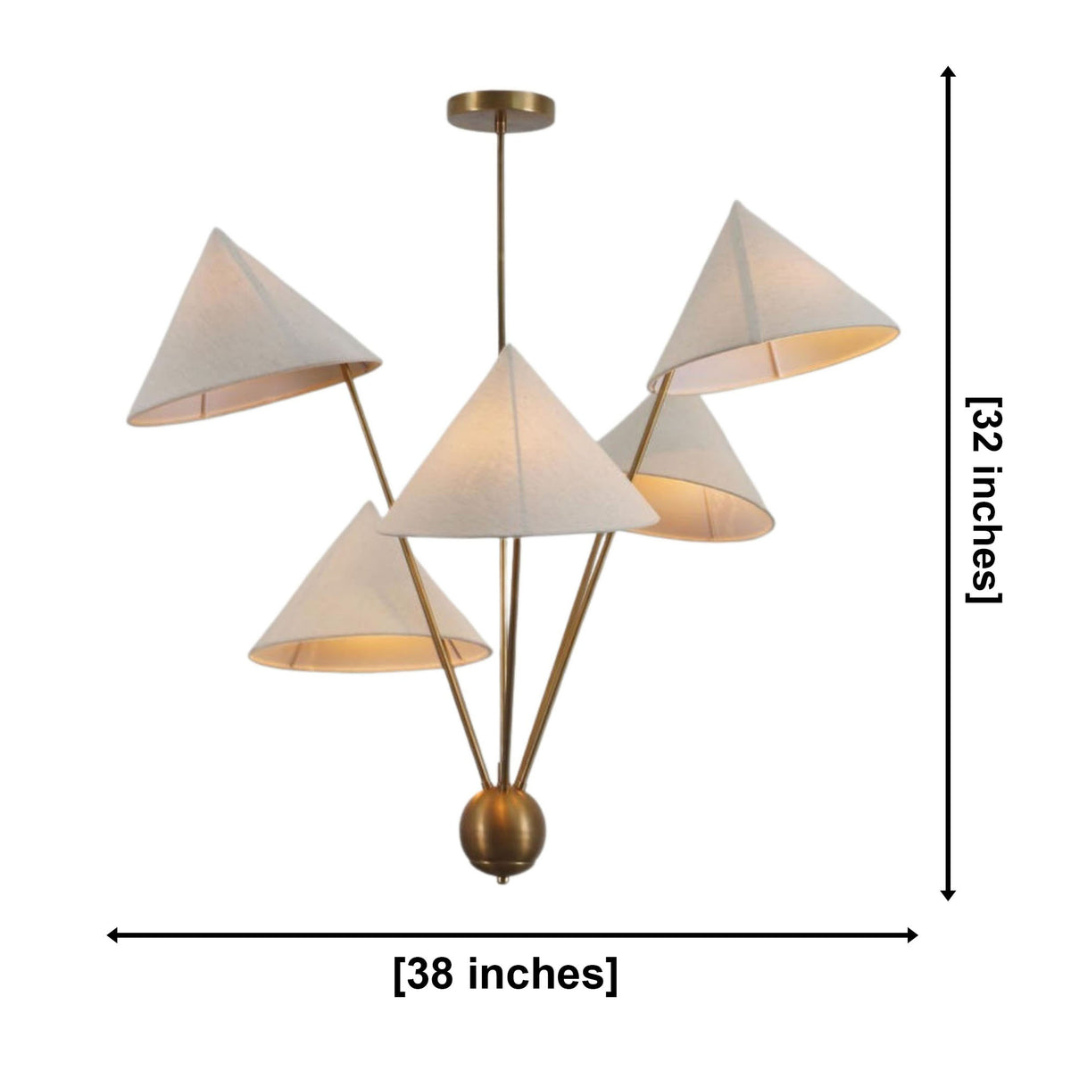 ilan 5 light cone shade chandelier dimensions, 38 inch width and 32 inch height – Model 62026