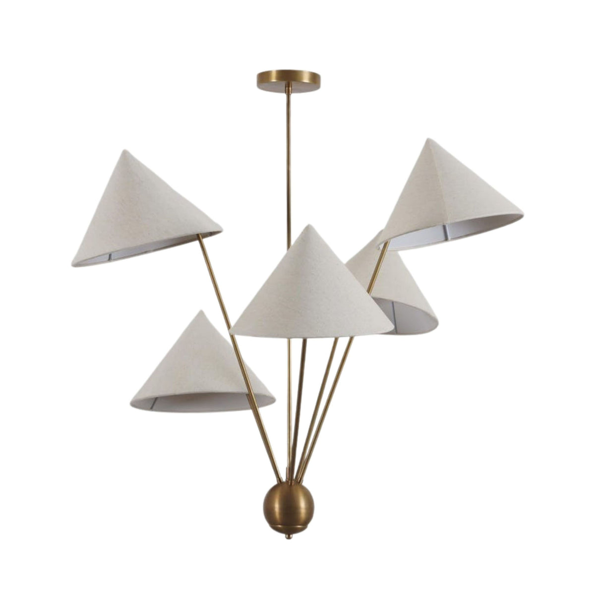 Full product view of Milan 5 light ivory cone shade chandelier with brass finish – Model 62026
