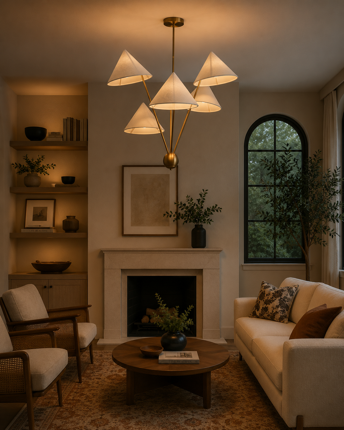 Milan 5 light cone shade chandelier displayed in a warm modern living room – Model 62026