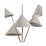 Close-up of ivory cone fabric shades and brass arms on Milan 5 light chandelier – Model 62026