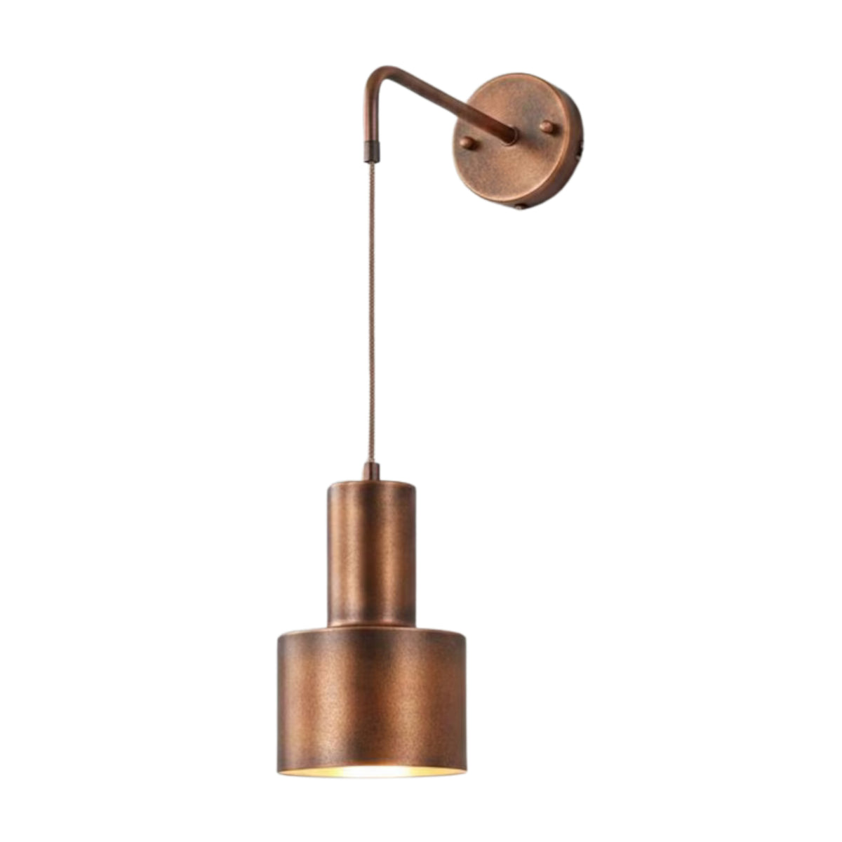 Milan pulley cylinder 1 light wall sconce with suspended shade in aged copper finish