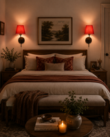 Bedroom lifestyle view of Milan red shade black wall sconces installed as a pair above bedside tables.