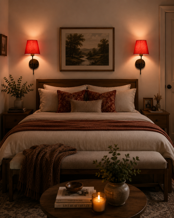 Bedroom lifestyle view of Milan red shade black wall sconces installed as a pair above bedside tables.