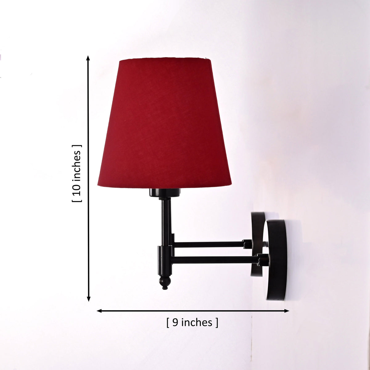 Side dimension view of Milan red shade black short wall sconce showing 10 inch height and 9 inch projection.