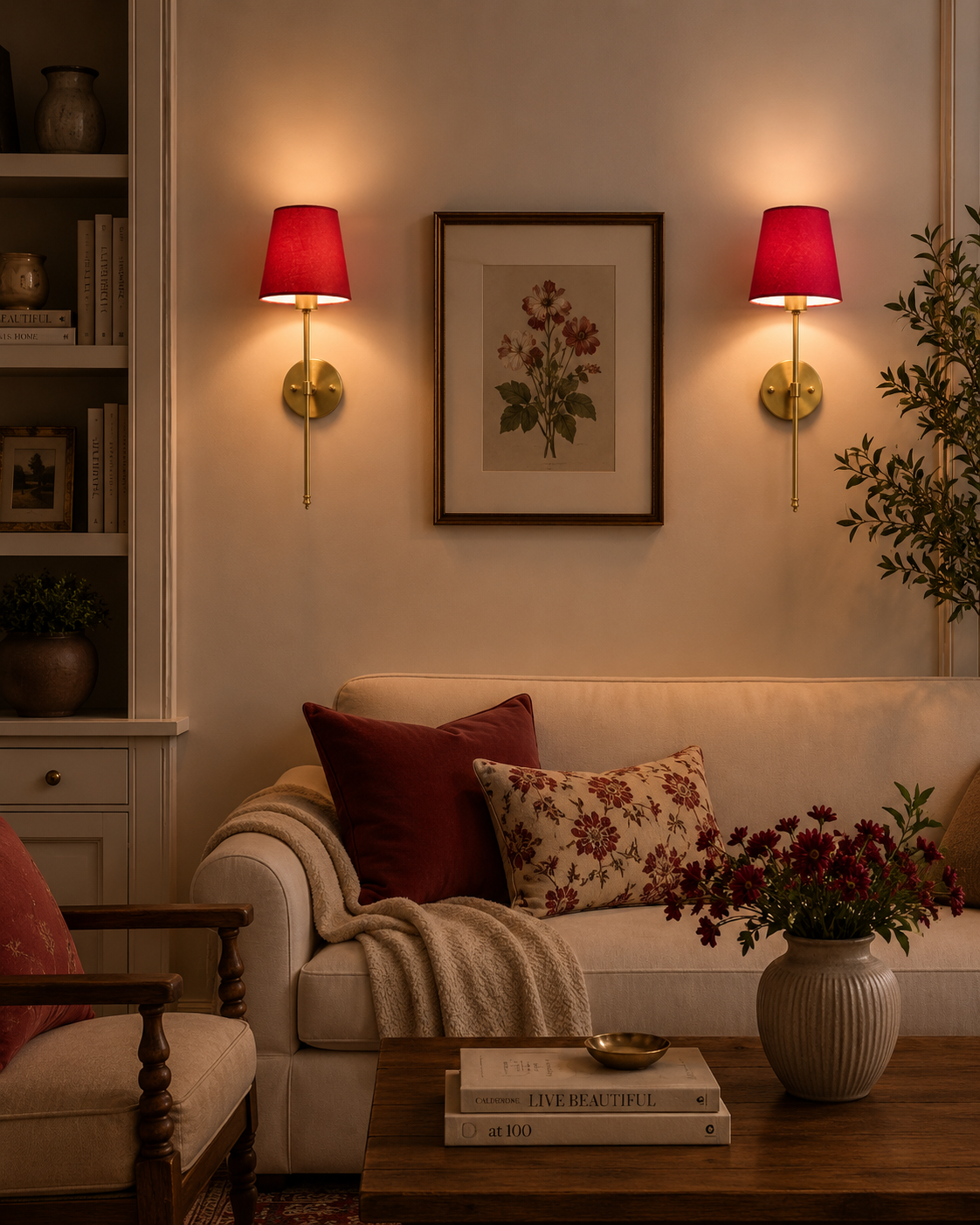 Lifestyle room image showing Milan red shade wall sconces installed beside artwork above a sofa.