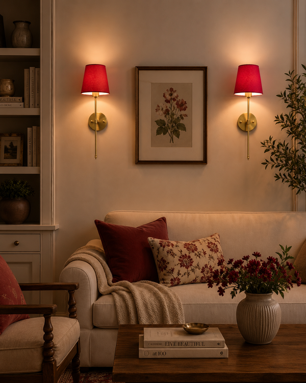 Lifestyle room image showing Milan red shade wall sconces installed beside artwork above a sofa.