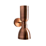 Milan sculpted hourglass 2-light wall sconce in copper finish with cylindrical upper shade and flared lower shade, front view.