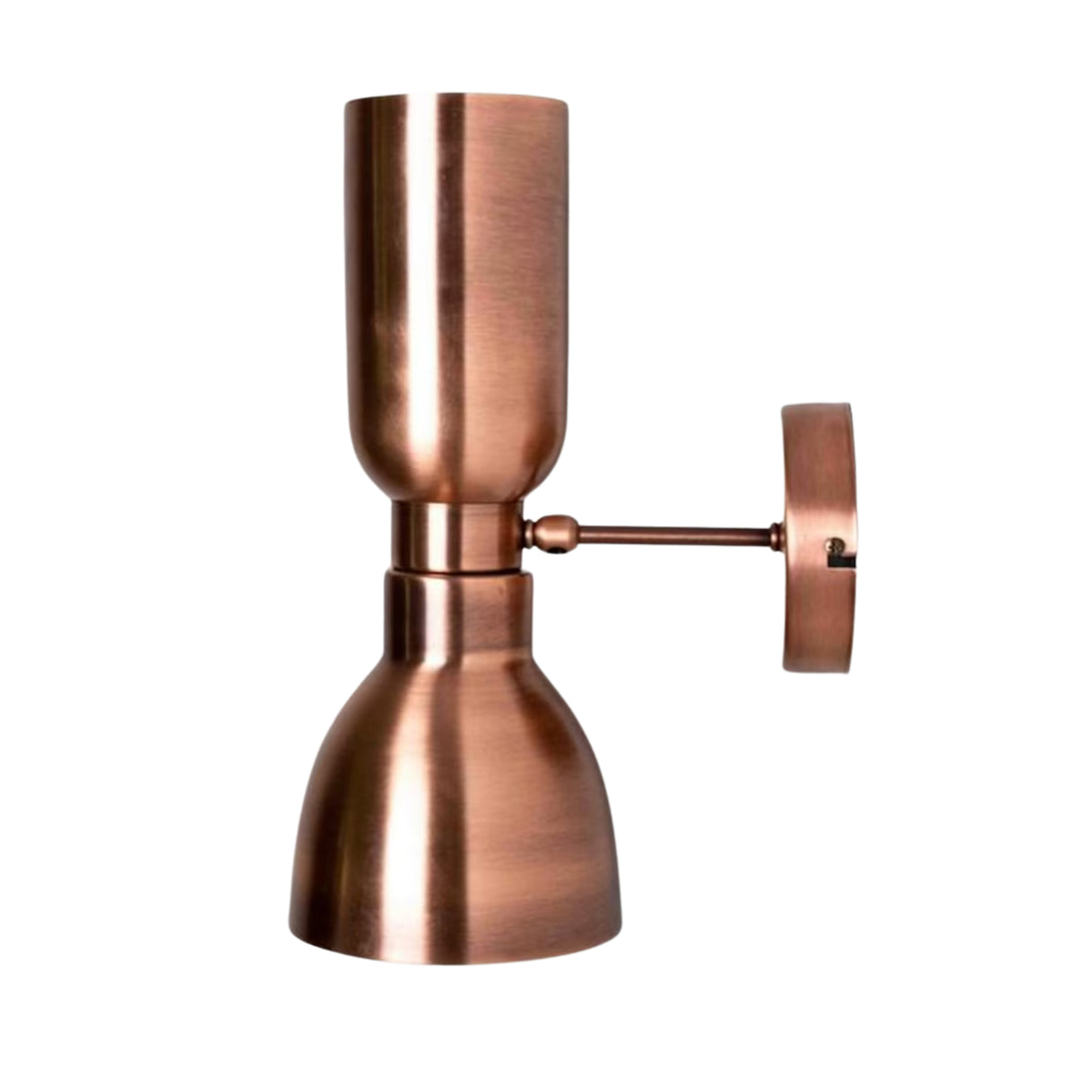 Profile view of Milan 2-light copper wall sconce showing extended round canopy, metal arm and hourglass shade silhouette.