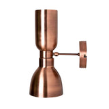 Profile view of Milan 2-light copper wall sconce showing extended round canopy, metal arm and hourglass shade silhouette.